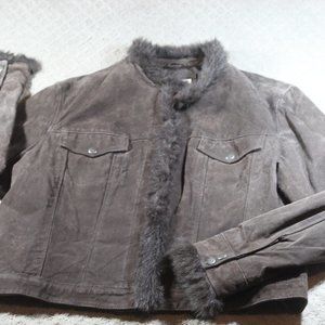 Coldwater Creek Size L Brown Leather Faux Fur Trimmed Jacket